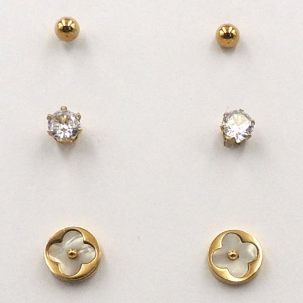 STAINLESS STEEL 3 PRS CZ AND FLOWER STUD EARRING SET