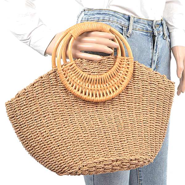 FAUX STRAW BAMBOO HANDLE TOTE BAG