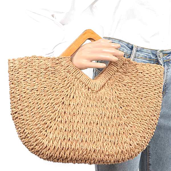 FAUX STRAW WOOD HANDLE TOTE BAG