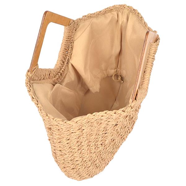 FAUX STRAW WOOD HANDLE TOTE BAG