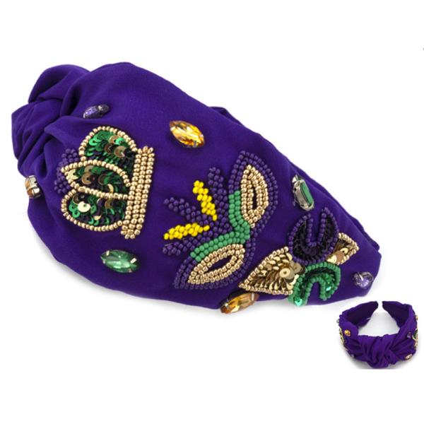 SEED BEAD RHINESTONE MARDI GRAS MASK HEADBAND