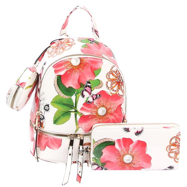 3I1N FLOWER PRINT CONVERTIBLE ZIPPER BACKPACK WITH WALLET AND COIN PURSE SET