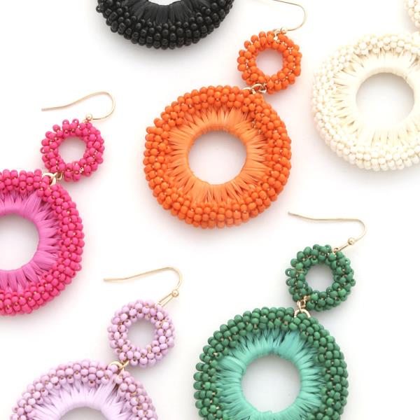 DOUBLE CIRCLE RAFFIA SEED BEAD DANGLE EARRING