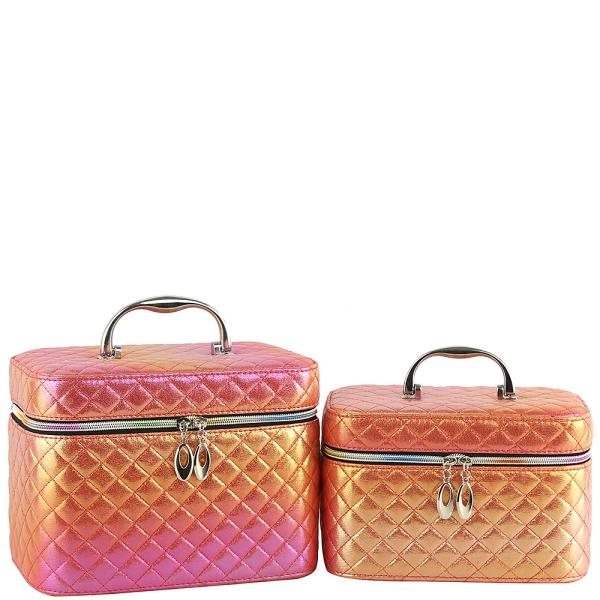 2IN1 QUILTED HOLOGRAM ZIPPER COSMETIC BAG WITH MIRROR