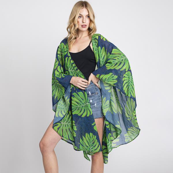 TROPICAL LEAVES PRINT SHAWL COVER UP