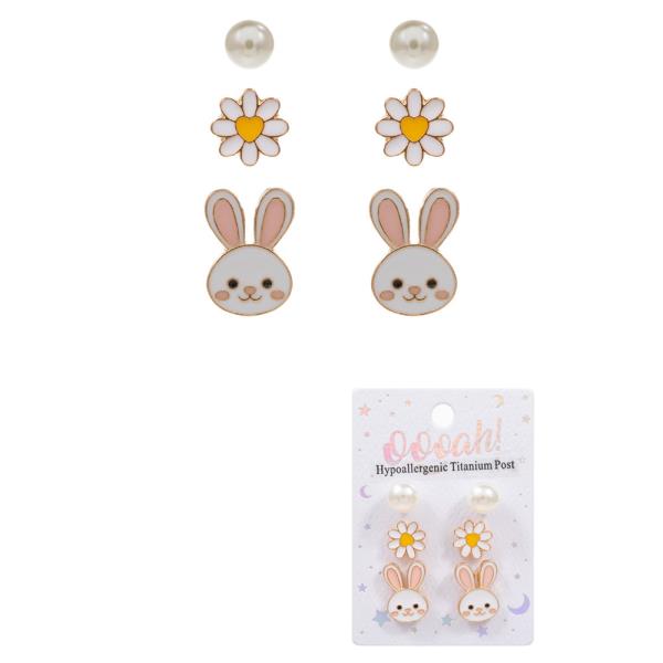 FLOWER WITH BUNNY AND PEARL EARRING 3 PAIR SET