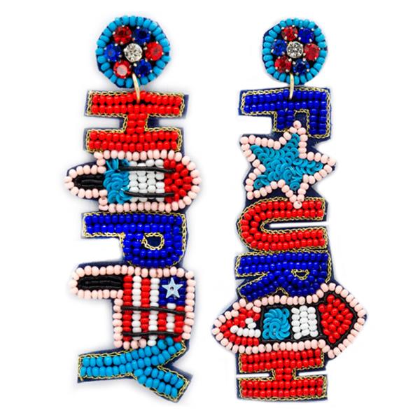 SEED BEAD PATRIOTIC HAPPY FOURTH EARRING