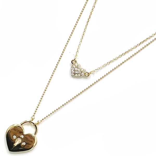 2 LAYERED METAL CHAIN HEART LOCK PENDANT NECKLACE