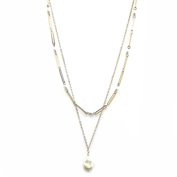 2 LAYERED METAL CHAIN PEARL PENDANT NECKLACE