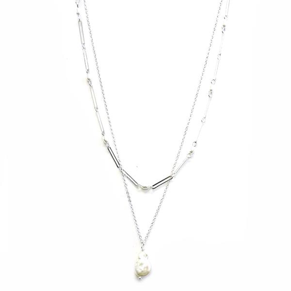 2 LAYERED METAL CHAIN PEARL PENDANT NECKLACE