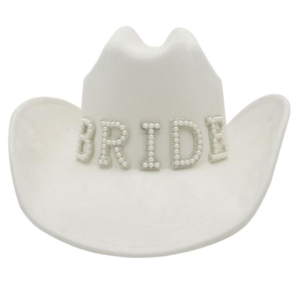PEARL & RHINESTONE BRIDE PATCH MICROSUEDE COWBOY HAT
