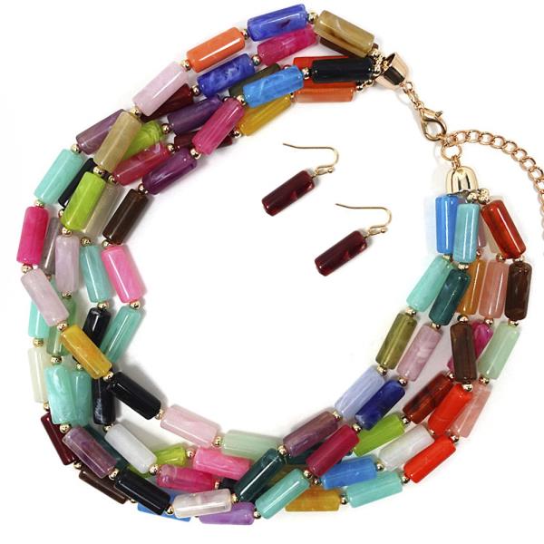 COLORFUL RESIN BEADED MULTI STRAND STACKED NECKLACE EARRING SET