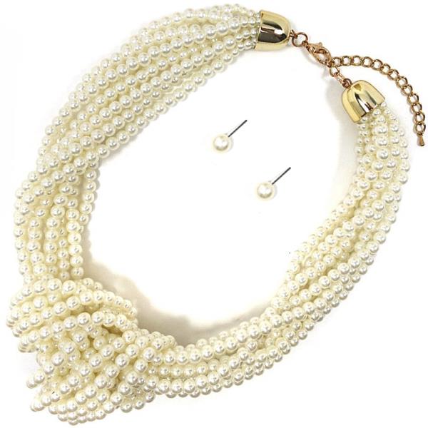KNOTTED PEARL MULTI STRAND NECKLACE EARRING SET