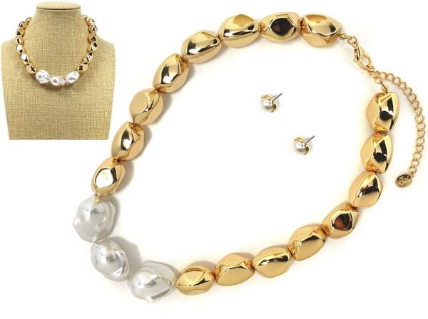 METAL PEARL NECKLACE EARRING SET