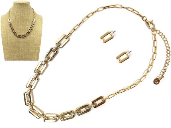 METAL CHAIN STONE NECKLACE EARRING SET