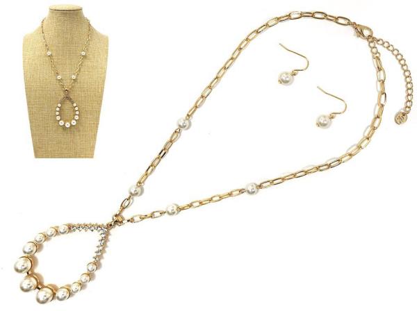 METAL CHAIN PEARL W STONE PENDANT NECKLACE EARRING SET