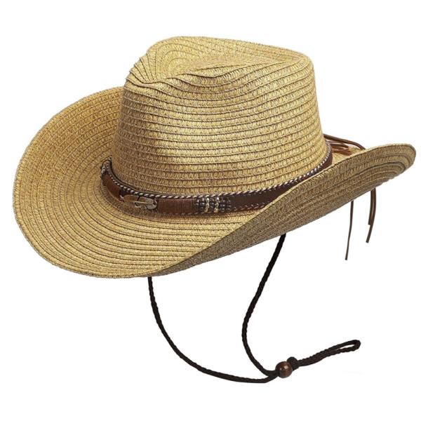 FAUX LEATHER LEAF BAND COWBOY STRAW HAT WITH STRAP