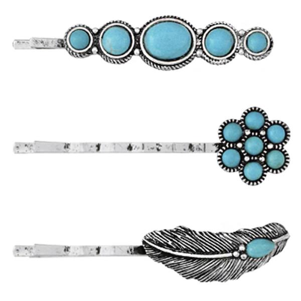 WESTERN NATURAL STONE FEATHER FLOWER 3 PC PIN SET