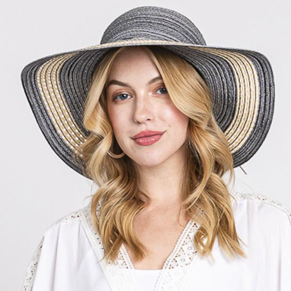 MIXED COLOR STRAW SUN HAT WITH WOVEN DETAIL & STRING BAND