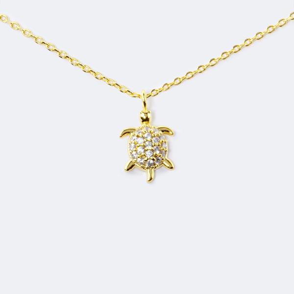 18K GOLD RHODIUM DIPPED PARADISE TURTLE ROUND CZ NECKLACE