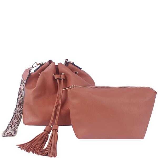 2IN1 PLAIN TASSEL DRAWSTRING CROSSBODY W ZIPPER BAG SET