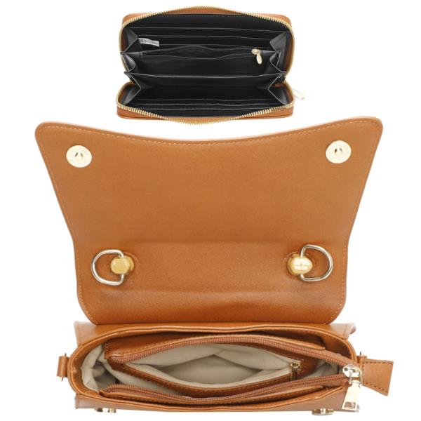 2IN1 PLAIN CURVED WOODEN HANDLE CROSSBODY BAG W WALLET
