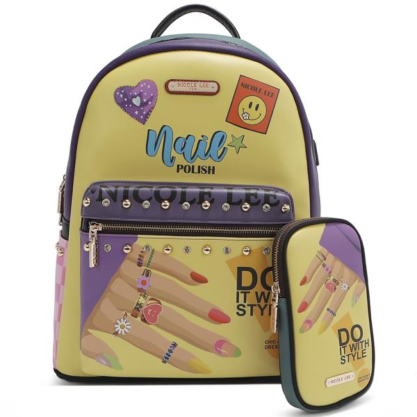 NICOLE LEE LARGE USB FASHION BACKPACK WITH CHARGING PORT AND POUCH