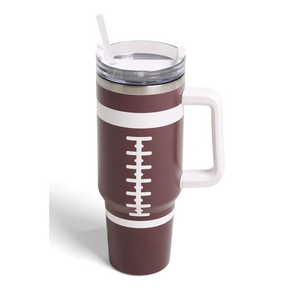 SPORTS BALL 40 OZ DOUBLE WALLED STAINLESS STEEL TUMBLER W/ HANDLE & STRAWS