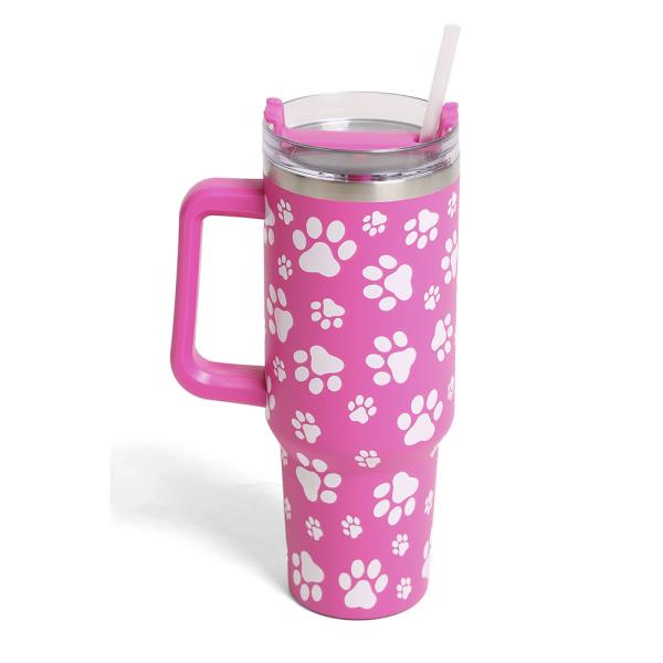 PAW PRINT 40 OZ DOUBLE WALLED STAINLESS STEEL TUMBLER W/ HANDLE & STRAWS