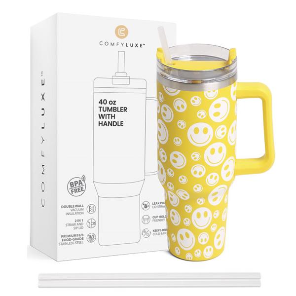 HAPPY FACE 40 OZ DOUBLE WALLED STAINLESS STEEL TUMBLER W/ HANDLE & STRAWS
