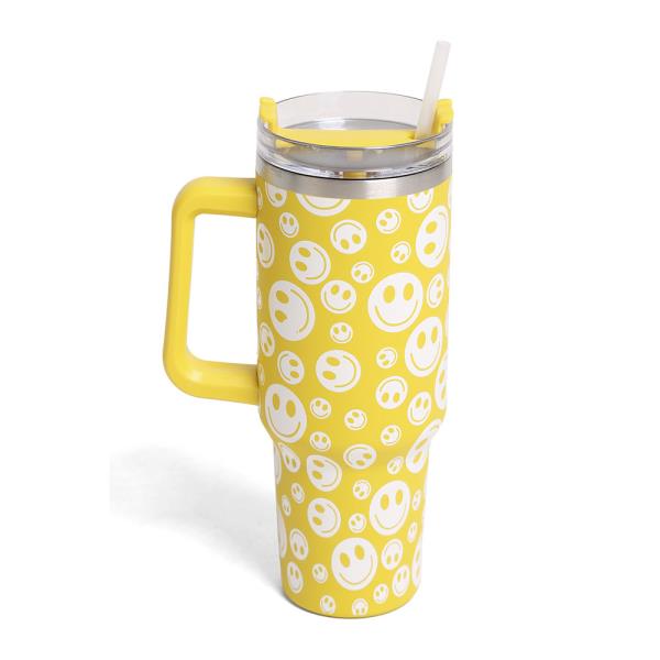 HAPPY FACE 40 OZ DOUBLE WALLED STAINLESS STEEL TUMBLER W/ HANDLE & STRAWS