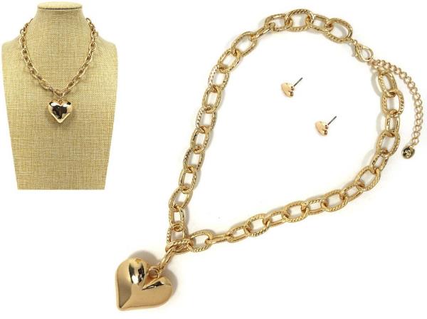 METAL CHAIN W HEART PENDANT NECKLACE EARRING SET