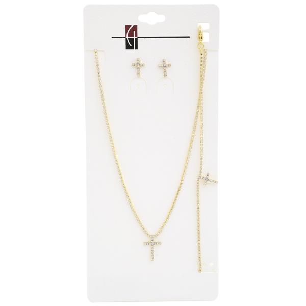 RHINESTONE CROSS NECKLACE EARRING BRACELET SET