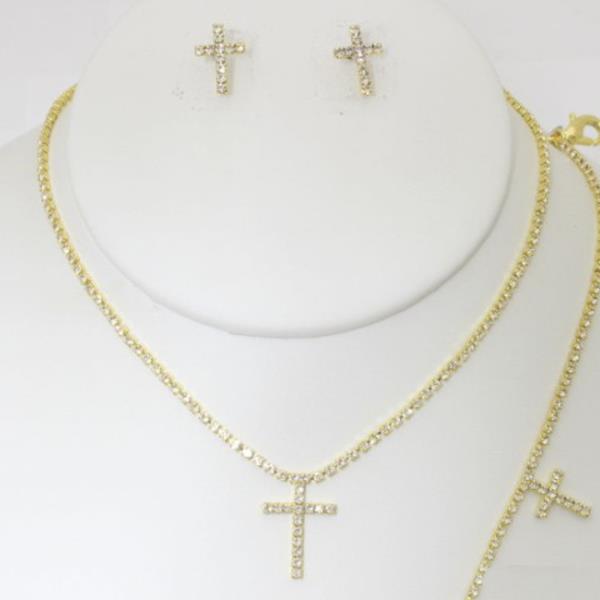 RHINESTONE CROSS NECKLACE EARRING BRACELET SET