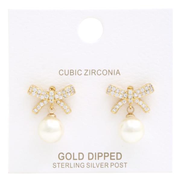 PEARL BEAD BOW GOLD DIPPED EARRING