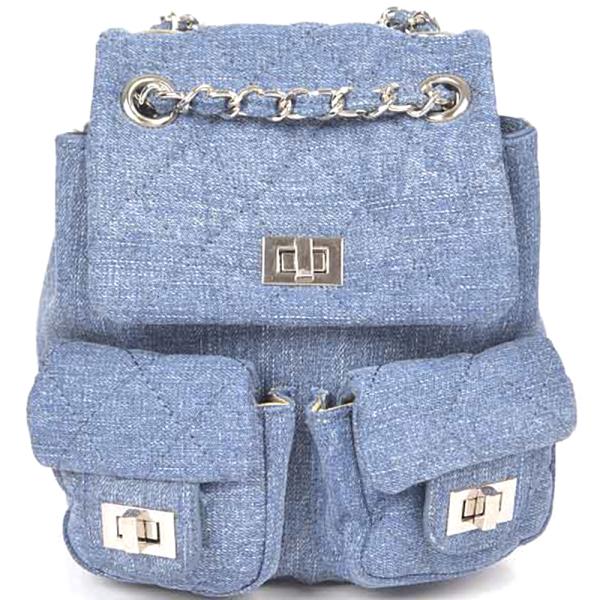 QUILTED DENIM DOUBLE POCKET FRONT BACKPACK