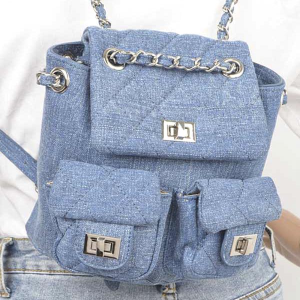 QUILTED DENIM DOUBLE POCKET FRONT BACKPACK