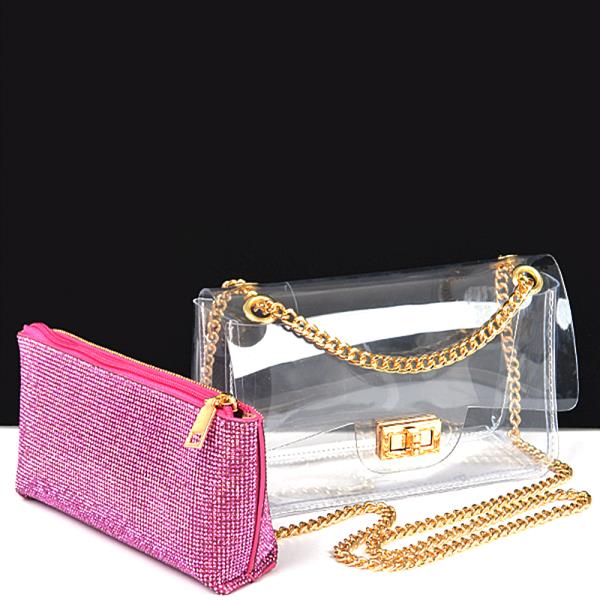 2IN1 TRANSPARENT CROSSBODY W RHINESTONE CLUTCH BAG SET