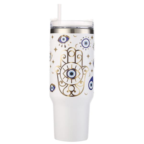 HAMSA EVIL EYE SIZE 40 OZ TUMBLER WITH HANDLE AND STRAW