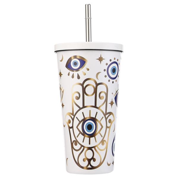 HAMSA EVIL EYE TUMBLER CUP WITH STRAW 17OZ