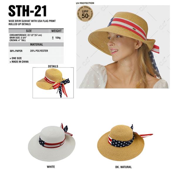 CC WIDE BRIM SUNHAT WITH USA FLAG PRINT ROLLED UP DETAILS