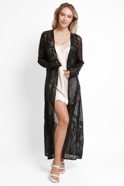 LEAVES PATTERN SEQUIN LONG COVER-UP