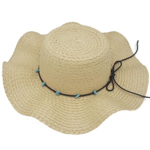 TURQ ACCENT BANDED WAVE STRAW FLOPPY HAT