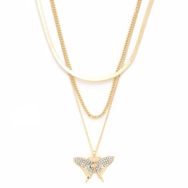 SDJ 3 LAYERED METAL CHAIN BUTTERFLY PENDANT NECKLACE