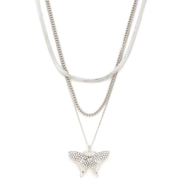 SDJ 3 LAYERED METAL CHAIN BUTTERFLY PENDANT NECKLACE