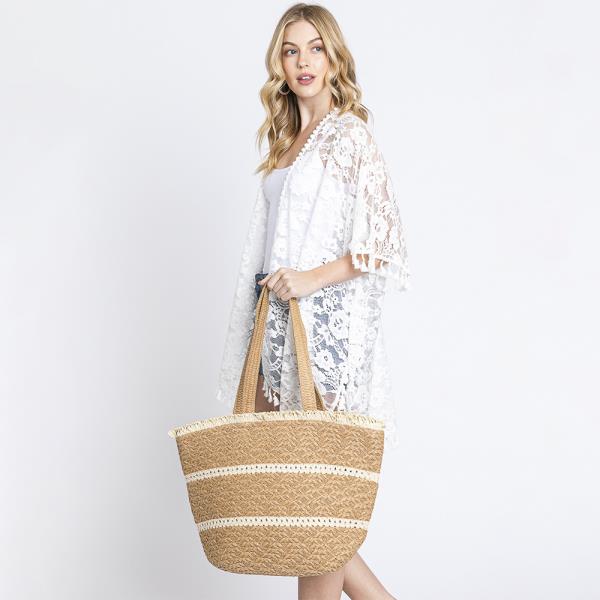 (ONLINE ONLY) STRIPE DETAIL FRAYED STRAW BAG