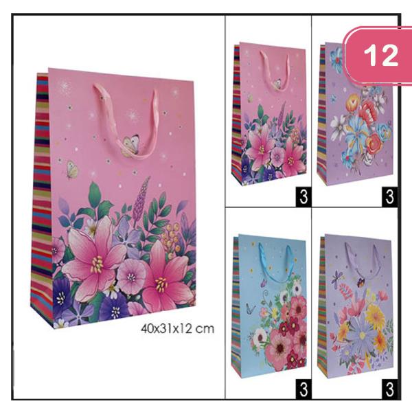 BRIGHT COLORFUL FLOWER 3D GLITTER XL GIFT BAG (12 UNITS)