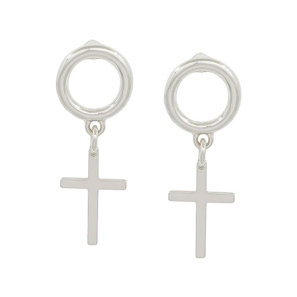 ROUND METAL POST CROSS DROP EARRING