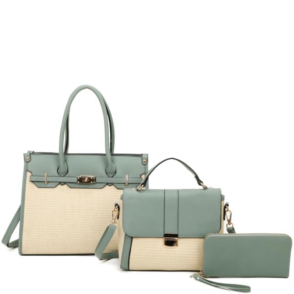 3IN1 TWO TONE TEXTURE SATCHEL W HANDLE CROSSBODY AND WALLET SET
