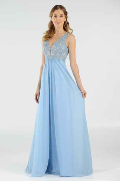 ($89.00 EA X 7 PCS) Enchanting Evening: Chiffon Lace Appliqués Rhinestone Deep V-Neck Dress